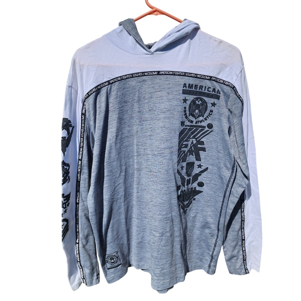 American Fighter Mens Long Sleeve Hoodie Shirt Blue Grey Graphic Athletic L
